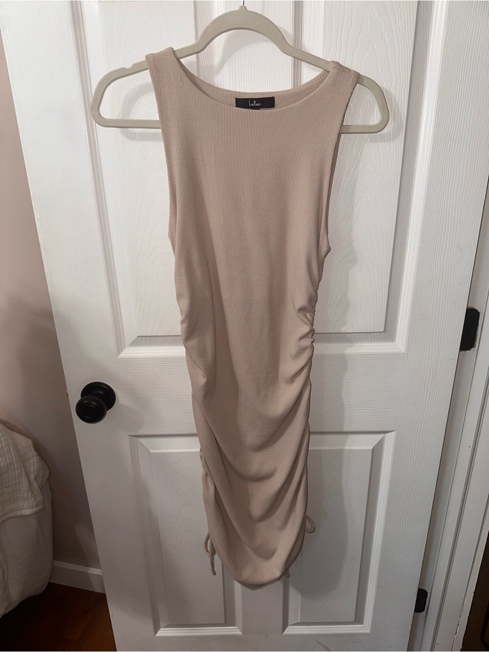 Lulu's Beige Sleeveless Ruched Midi Dress